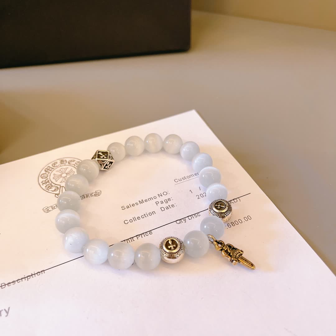 Chrome Hearts Moonstone Beaded Bracelet with Silver Charms